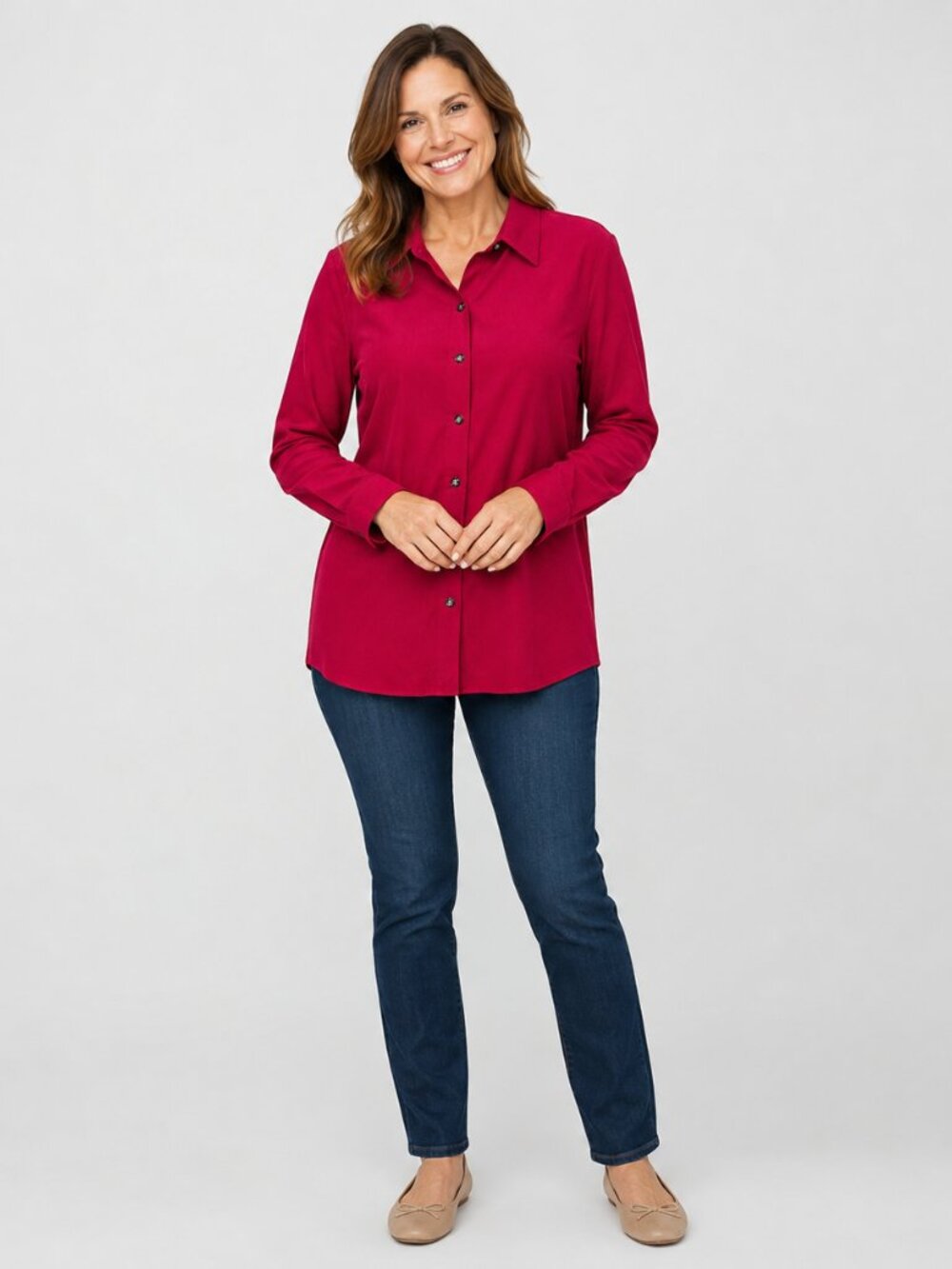 Talbots Cranberry Red Stretch Micro-Suede Button-Up Tunic Shirt Size M - Trendy